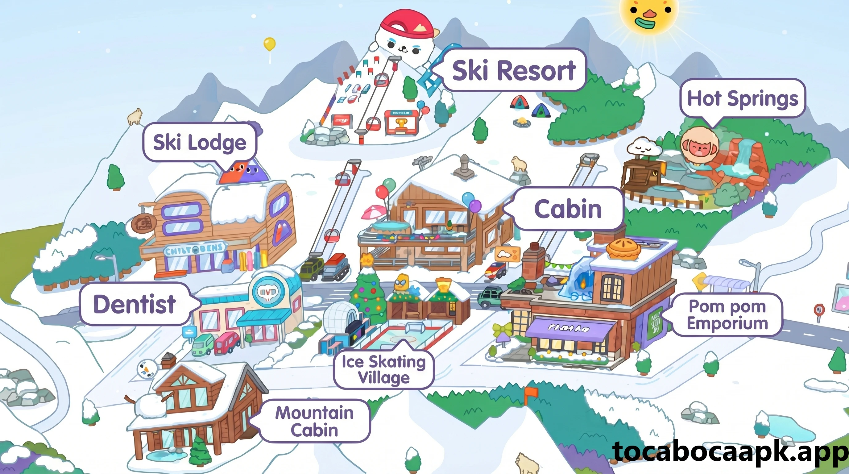 Mapa de Pom Pom Peaks: estação de esqui, lodge, dentista, vila de patinação, cabana, fontes termais e empório