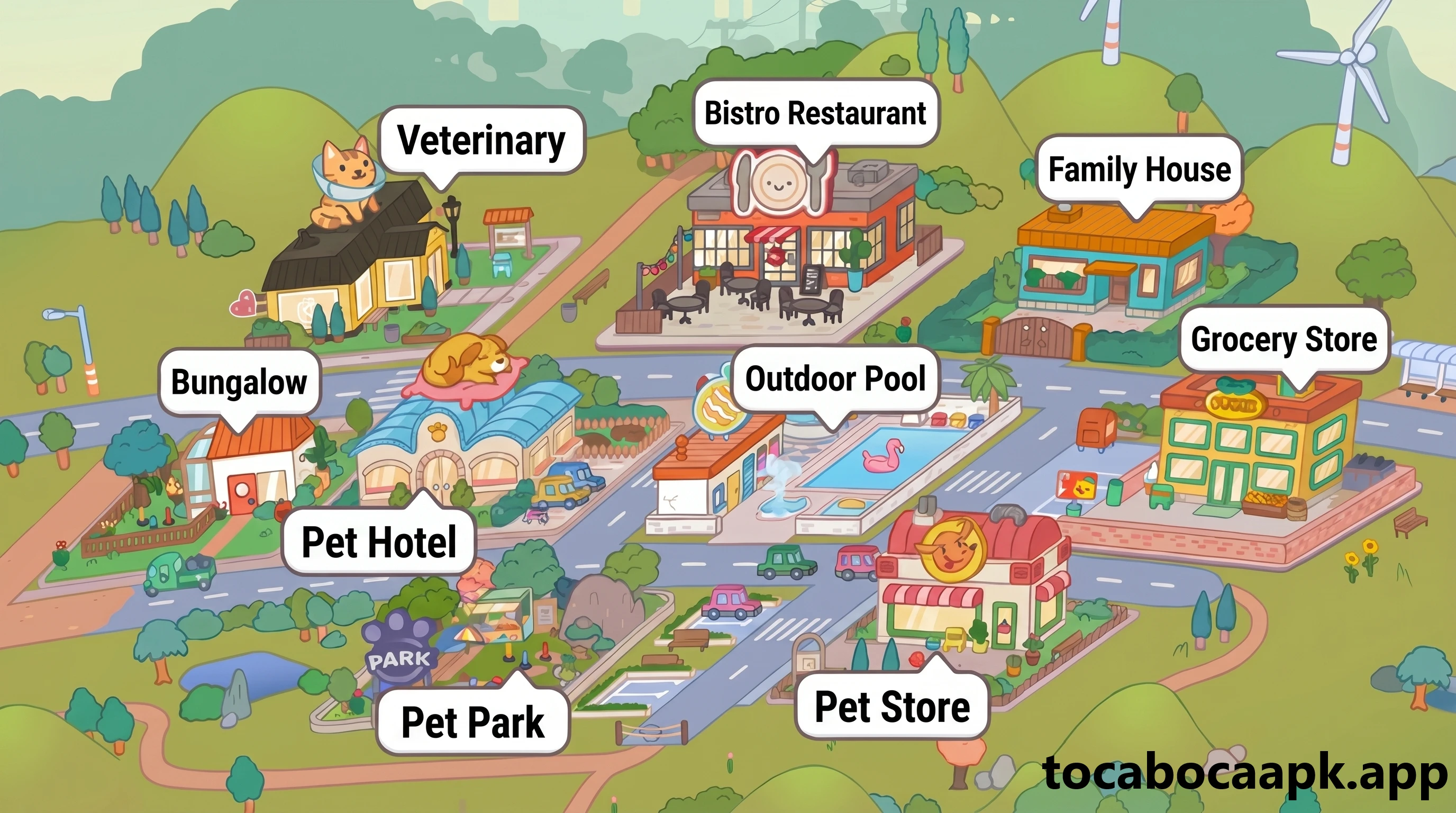 Mapa de Biscuit Town: pet shop, veterinária, hotel, parque, bistrô, piscina, bangalô, casa e supermercado
