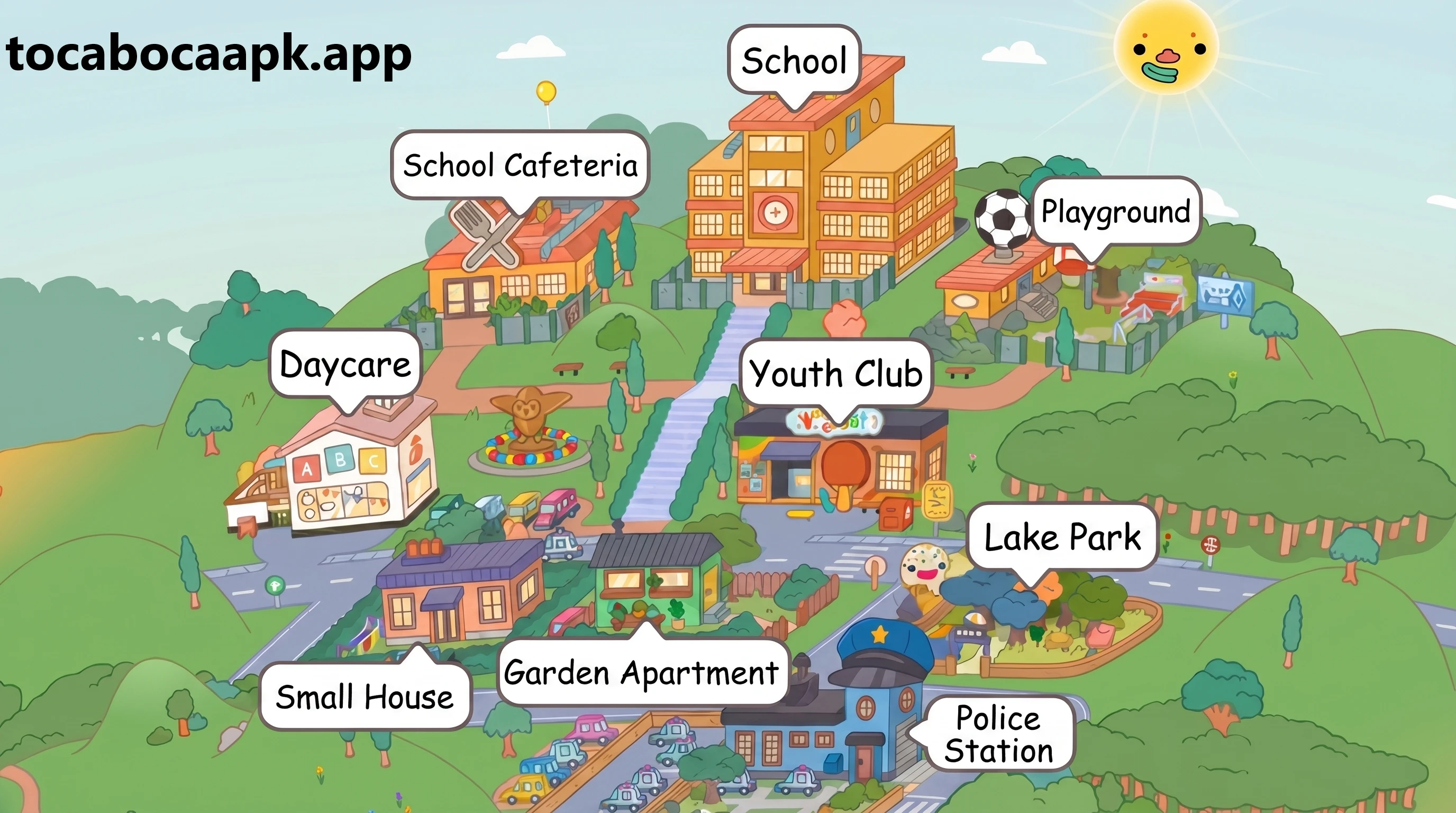 Mapa de Tiptop Tops: escola, refeitório, creche, casinha, parquinho, clube juvenil, apartamento com jardim, lago e delegacia