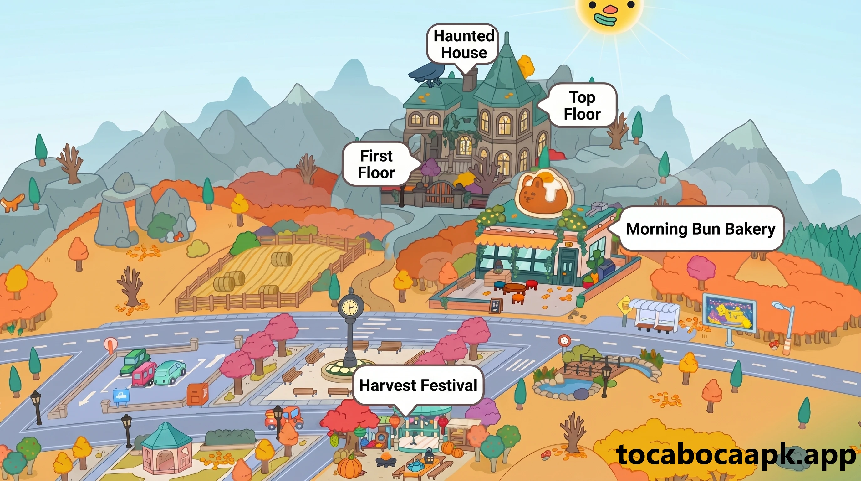 Mapa de Morning Meadows: padaria Morning Bun, casa mal-assombrada e festival da colheita