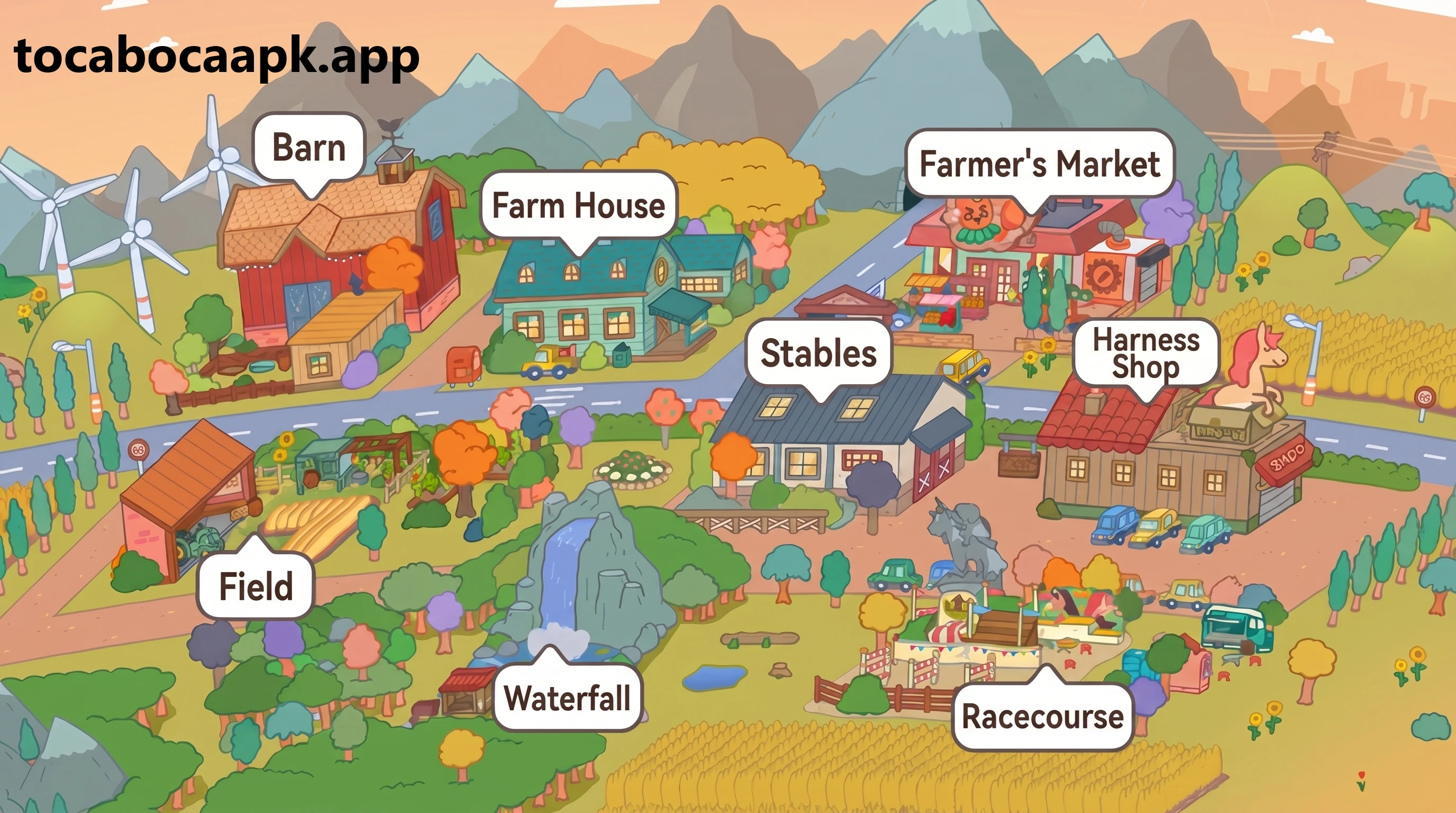 Mapa de Lettuce Lands: celeiro, campo, casa de fazenda, cachoeira, mercado, estábulos, loja de arreios e pista