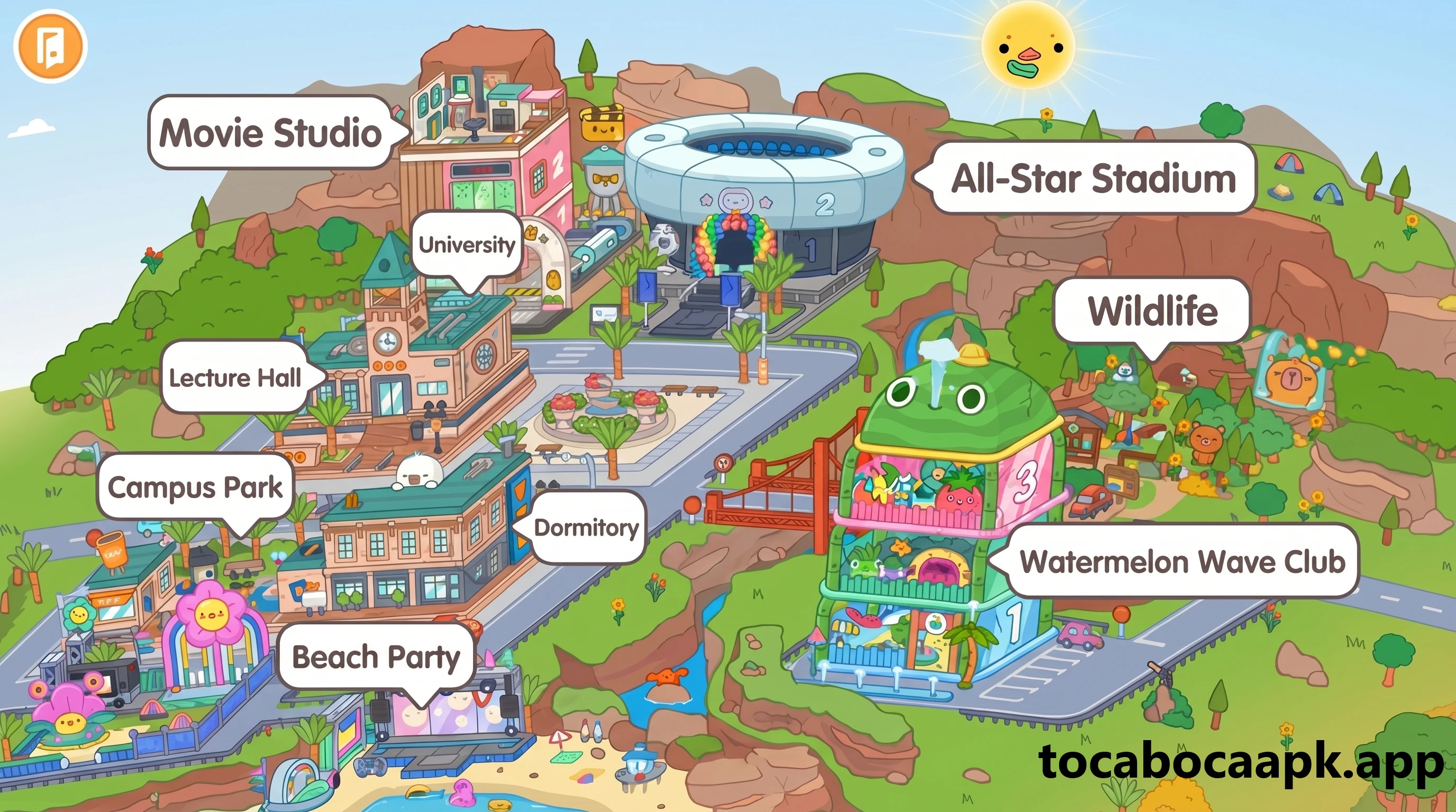 Mapa de Vox Valley: estúdio de cinema, universidade, festa na praia, estádio, vida selvagem e Watermelon Wave Club