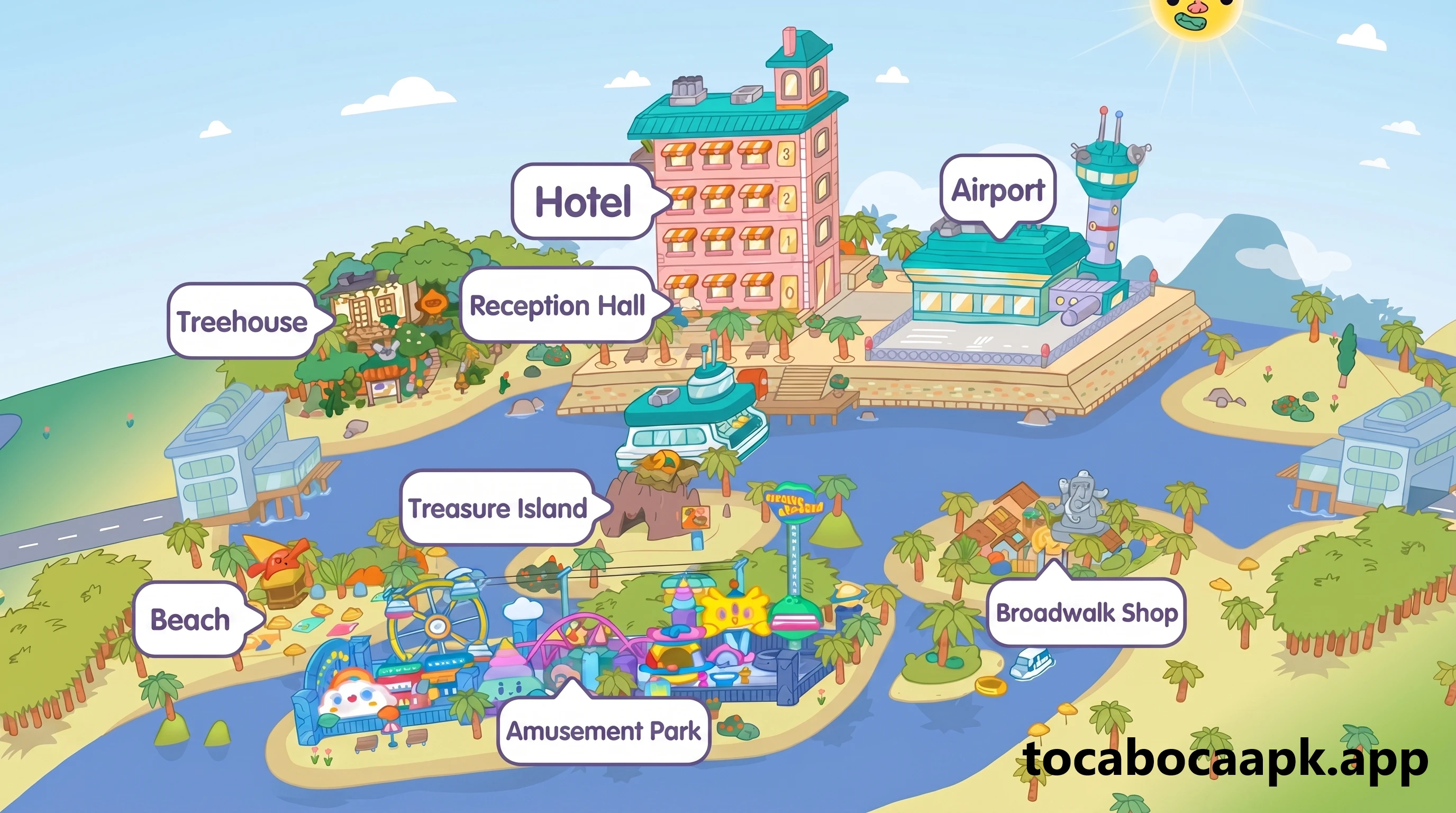 Mapa de Omelette Islands: casa na árvore, praia, hotel, ilha do tesouro, parque de diversões, aeroporto e loja do calçadão