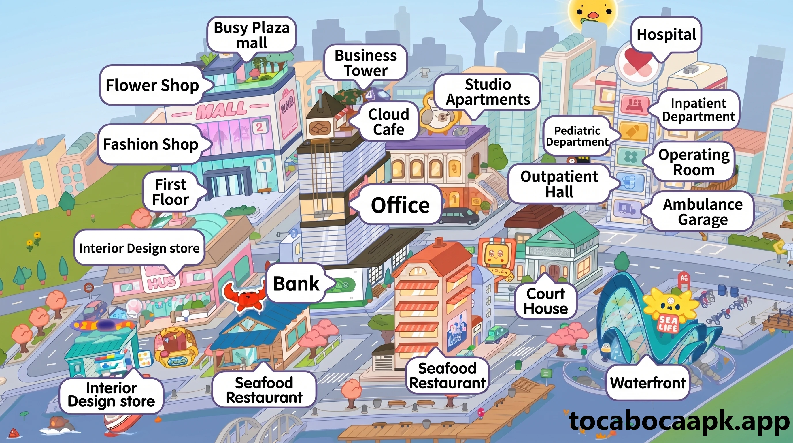Mapa de Buzy Plaza: shopping, arranha-céu, hospital, banco, tribunal, orla e restaurantes