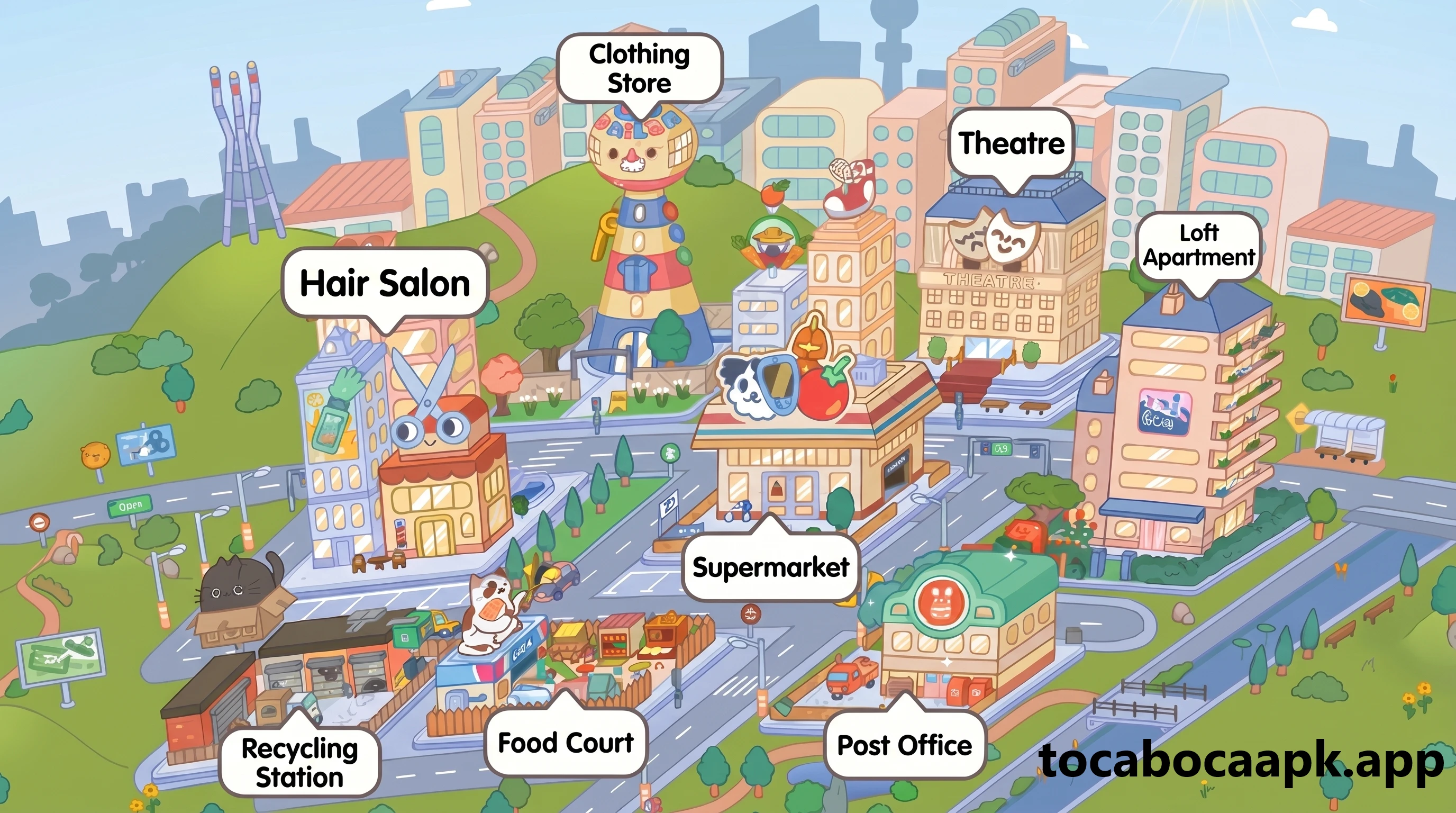Mapa de Bop City: salão de beleza, praça de alimentação, teatro, loft, correios, reciclagem, supermercado e loja de roupas