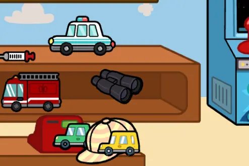 Binoculars on the mall toy shelf next to police and fire trucks