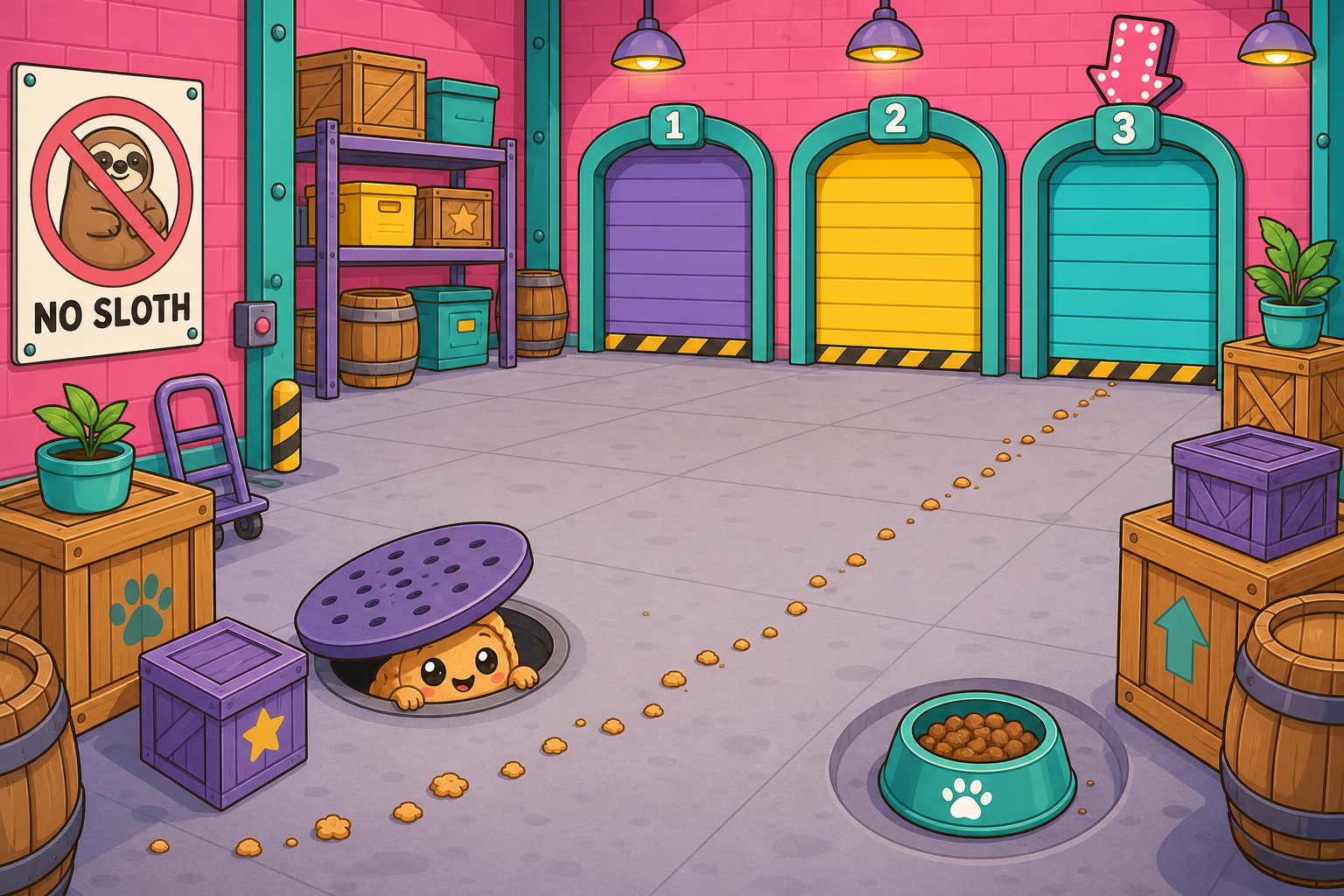 Cartoon illustration of the Bop City storage centre showing a No Sloth poster, three numbered storage doors, a food crumb trail leading to a teal food bowl, and a small crumpet creature peeking from a manhole cover