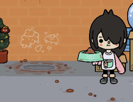 Character placing the teal food bowl on the floor indent next to the manhole