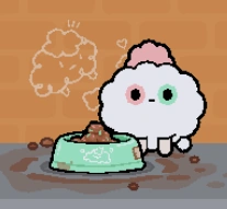 Croquet the cloud-like pet appearing on the food bowl