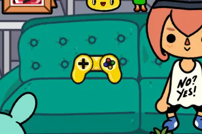 Golden remote controller resting on the Bop City mall couch display