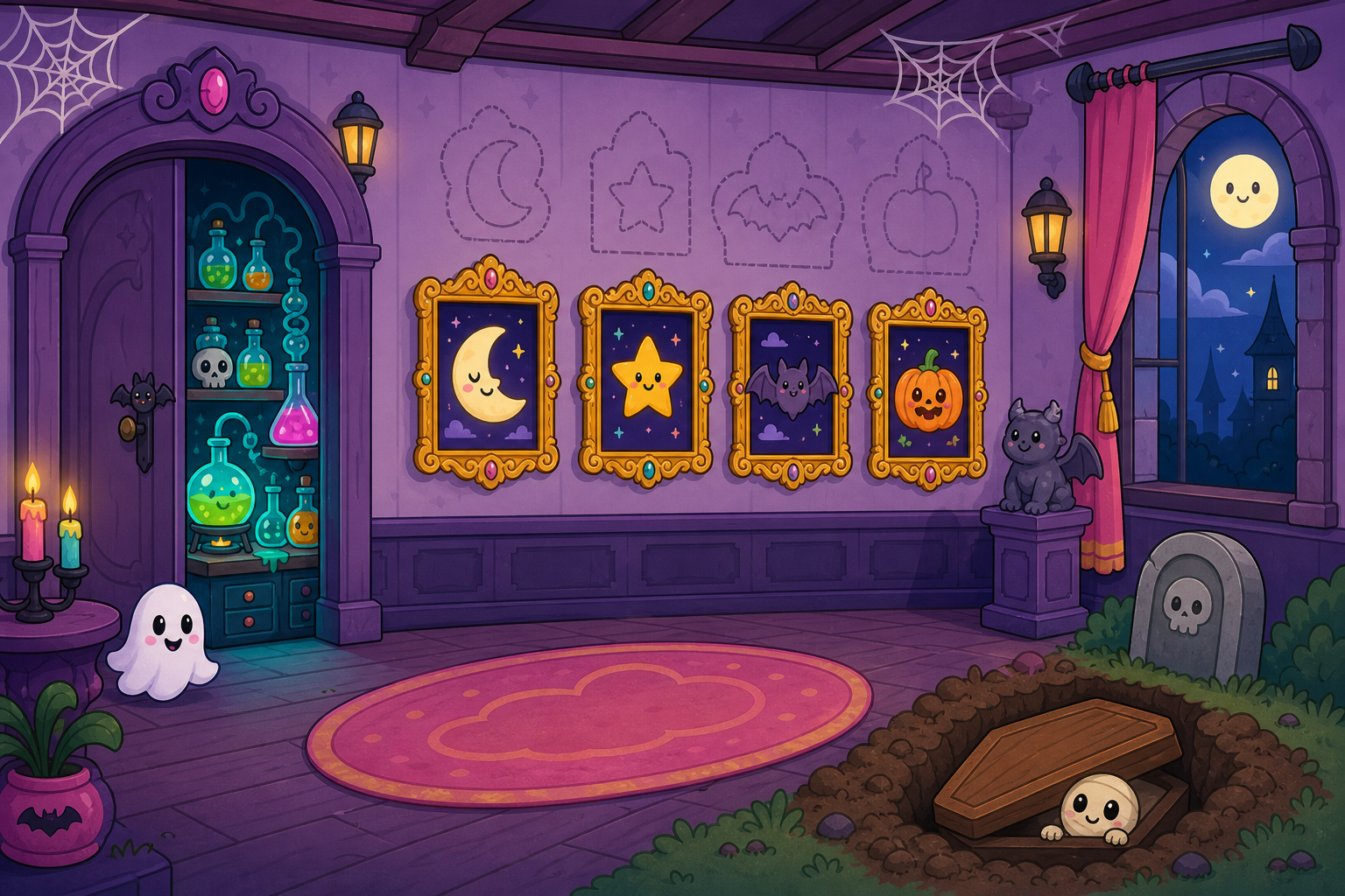Whimsical not-scary cartoon haunted house interior with four gold-framed gallery paintings (moon, star, bat, pumpkin), faint matching outline marks on the wall above them suggesting a placement puzzle, a hidden chamber sliding open to reveal a lab with glowing potion bottles, and a tombstone outside with a small crumpet peeking out of a dug-open coffin