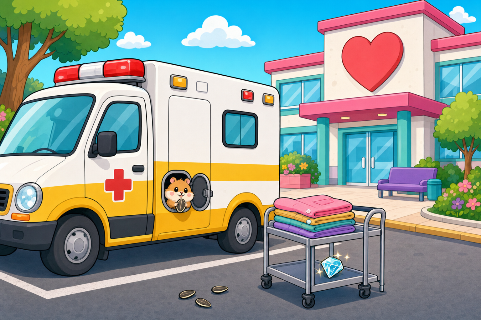 Cartoon hospital parking lot illustration showing a friendly ambulance with a hidden hamster peeking out near the fuel tank, melon seeds on the ground, and a metal trolley stacked with colourful clothes hiding a sparkling diamond gem