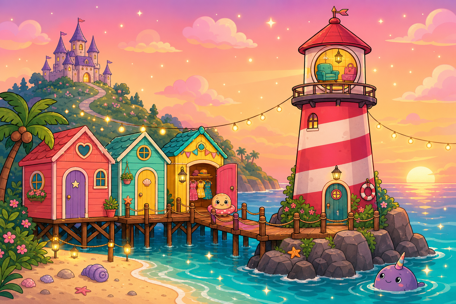Golden-hour cartoon scene of Crumpet Island showing a tall red-and-white striped lighthouse with a glowing secret room at the top revealing an armchair, colourful beach huts on stilts above turquoise water with one open showing summer outfits and a small crumpet creature, palm trees, a fairy-tale castle silhouette on a distant hill, and fairy lights strung across the scene
