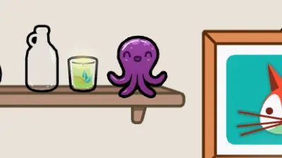 Purple octopus decoration on an apartment shelf next to bottles and a cat painting