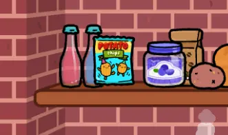 Potato chips bag on the Bop City apartment kitchen shelf