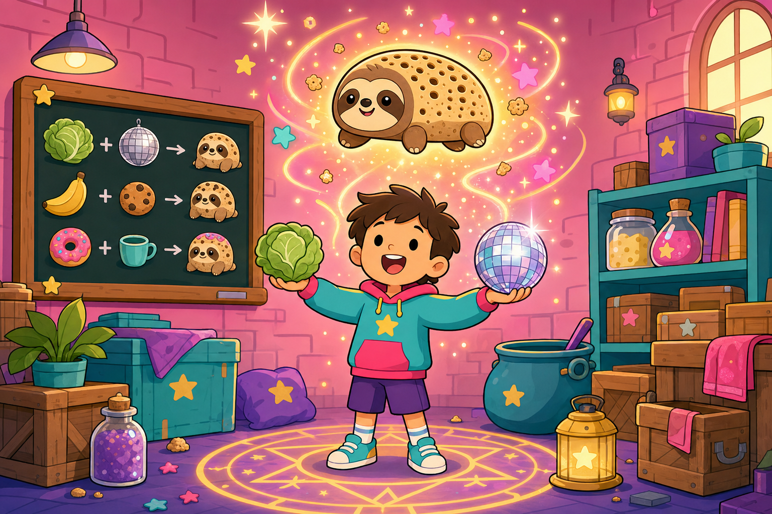 Cartoon illustration of a child character summoning a sloth crumpet by holding a cabbage in one hand and a glittering disco ball in the other, with a chalkboard showing crumpet recipe combinations on the wall behind