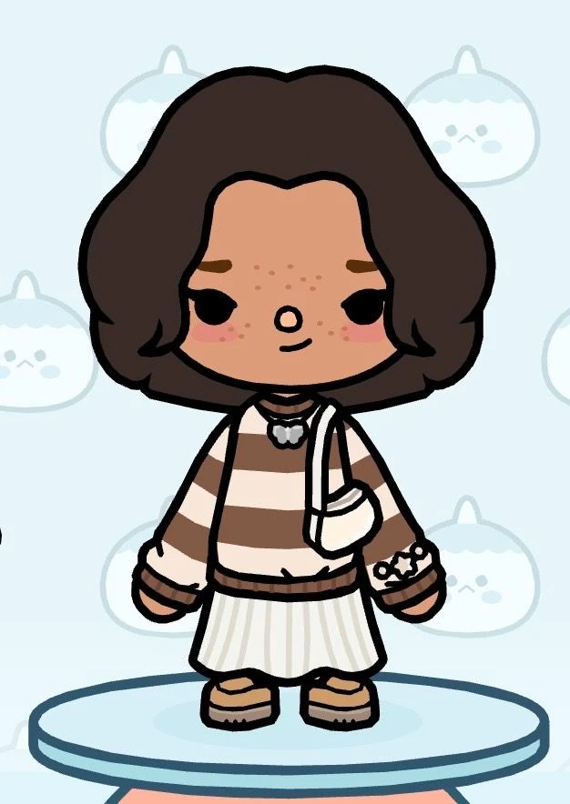 Striped sweater with white skirt and bow necklace