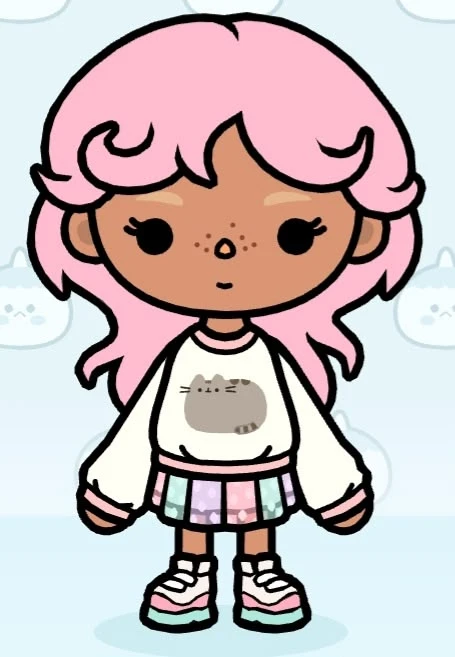 Pink curls with Pusheen sweatshirt and pastel skirt