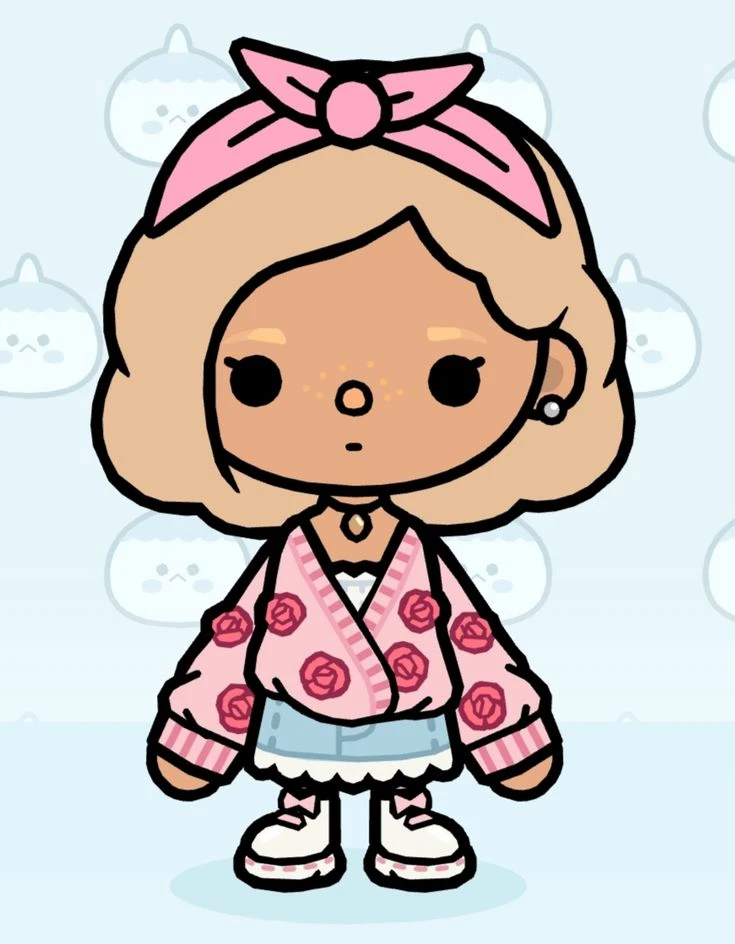 Pink bow headband with rose cardigan and denim skirt