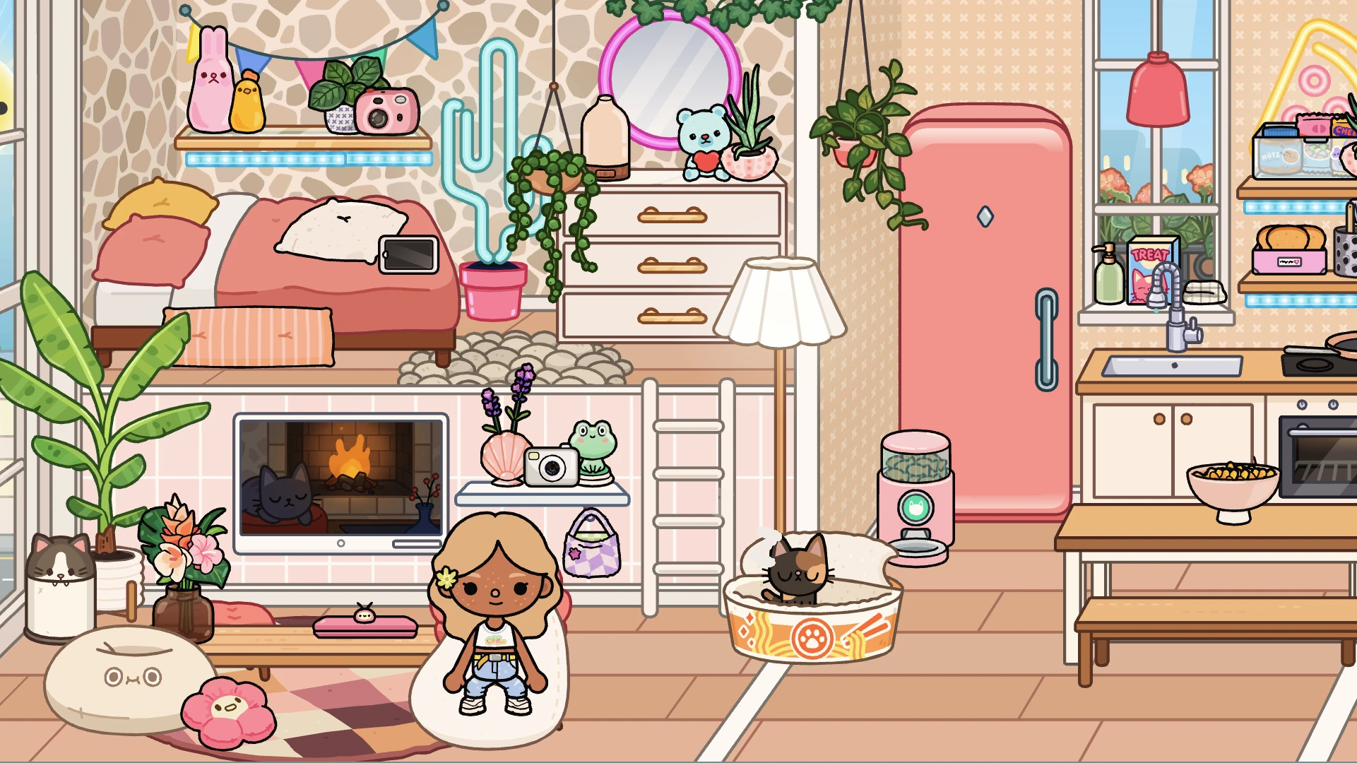 Toca Boca aesthetic house interior with stone accent wall, pink bed, fireplace and houseplants