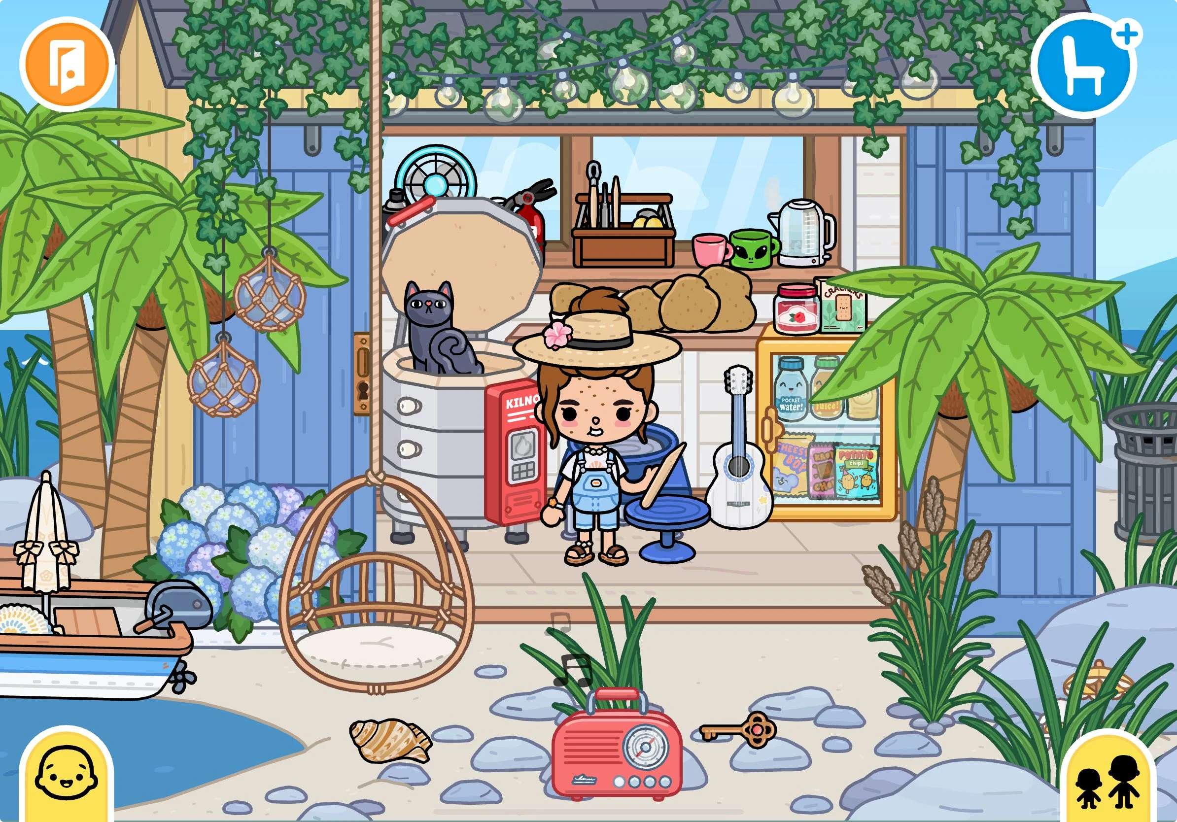 Toca Boca free house beach patio with palms, hammock chair, vintage radio and decorative shells