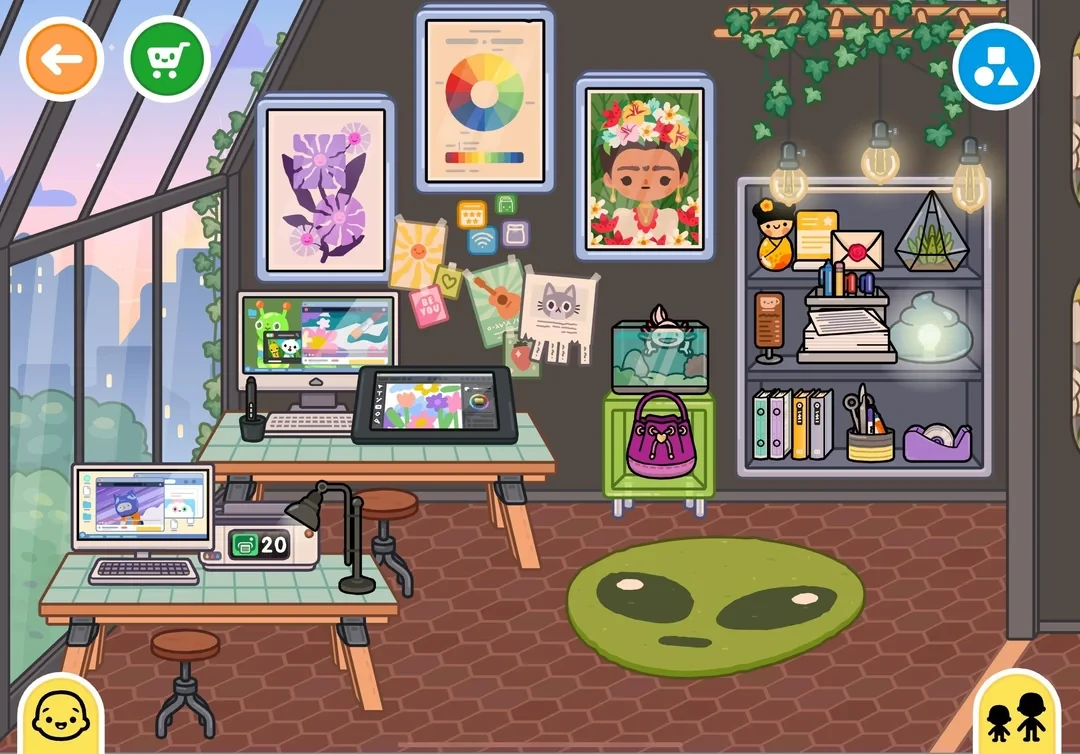 Toca Boca free house creative workspace with desk TV, bookshelf, framed portrait and color wheel poster