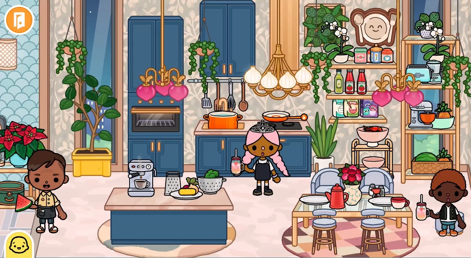 Toca Boca modern mansion kitchen with blue cabinets, brass hardware, arched windows and central island