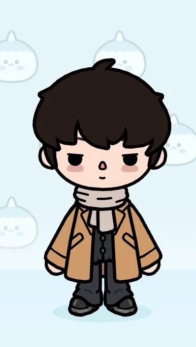 Tan overcoat with dark vest and cream scarf