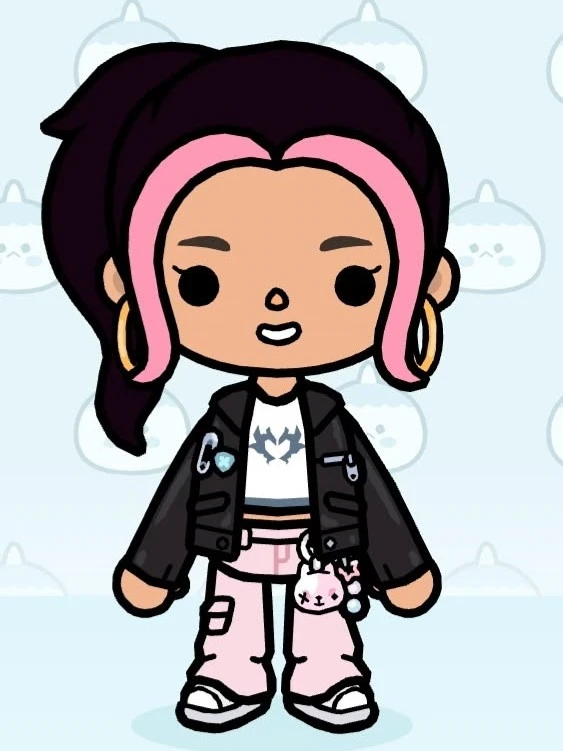 Pink-streaked hair with biker jacket, graphic tee and pink cargos