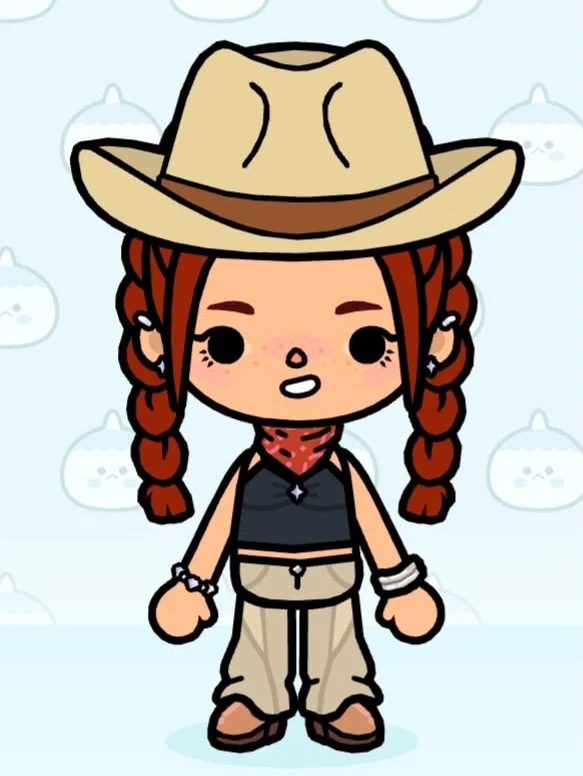 Cowboy hat with red braids, crop top and bandana