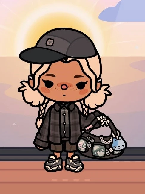Black cap with plaid shirt and bunny-shaped charm bag