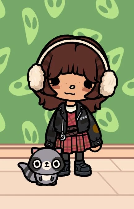 Fluffy earmuffs with black jacket, red plaid skirt and pet raccoon