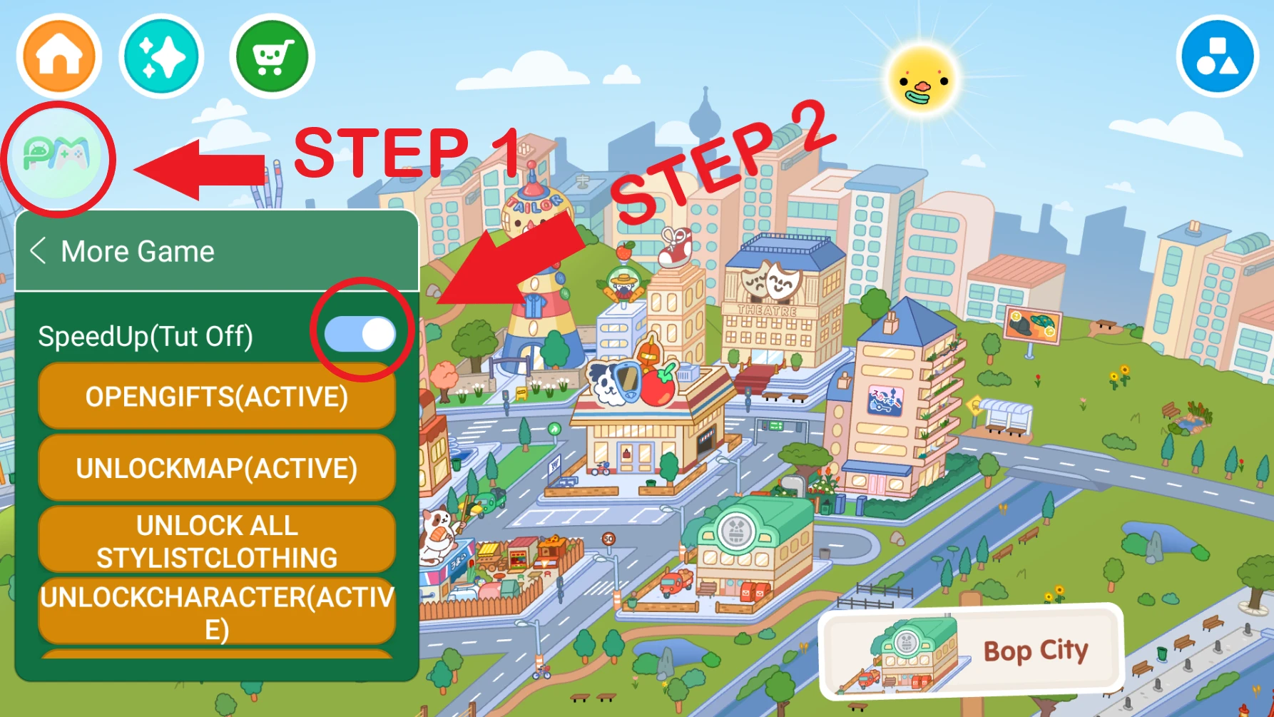 Ícone verde flutuante e menu de ativação com SpeedUp em ON e as três linhas em ACTIVE