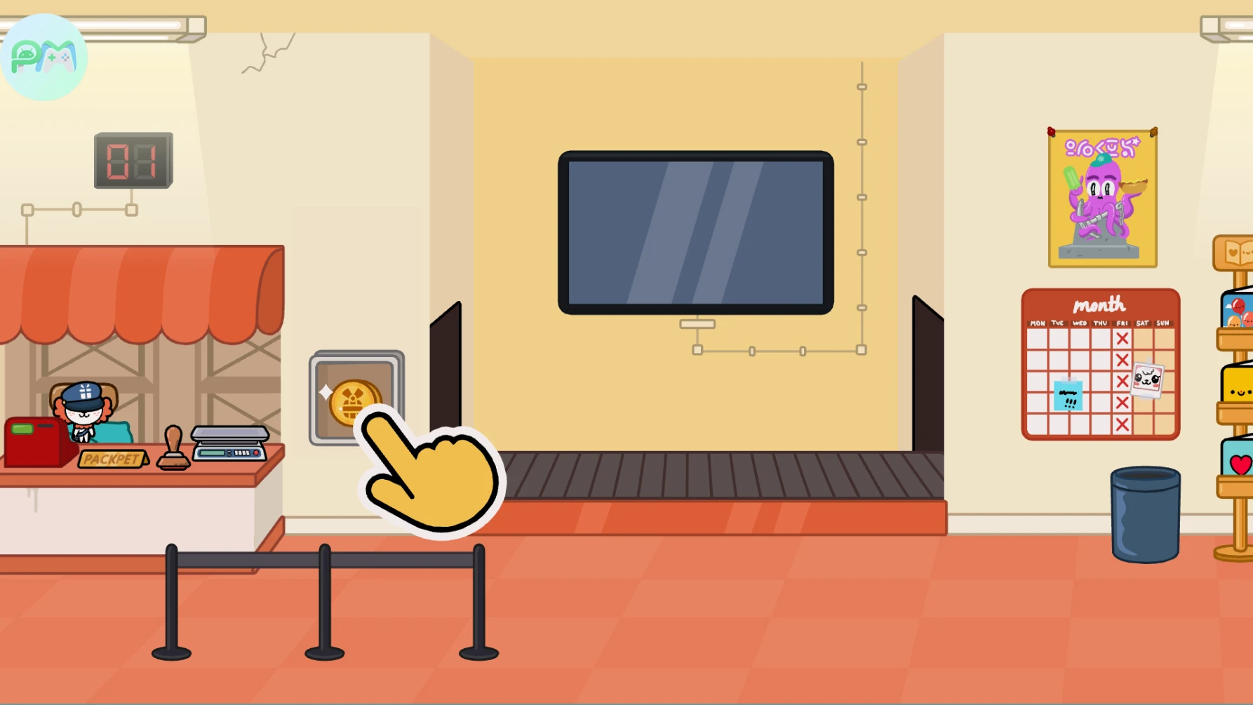Botão dourado de presente na parede ao lado da mesa do Packpet: toque para enviar caixas para a esteira