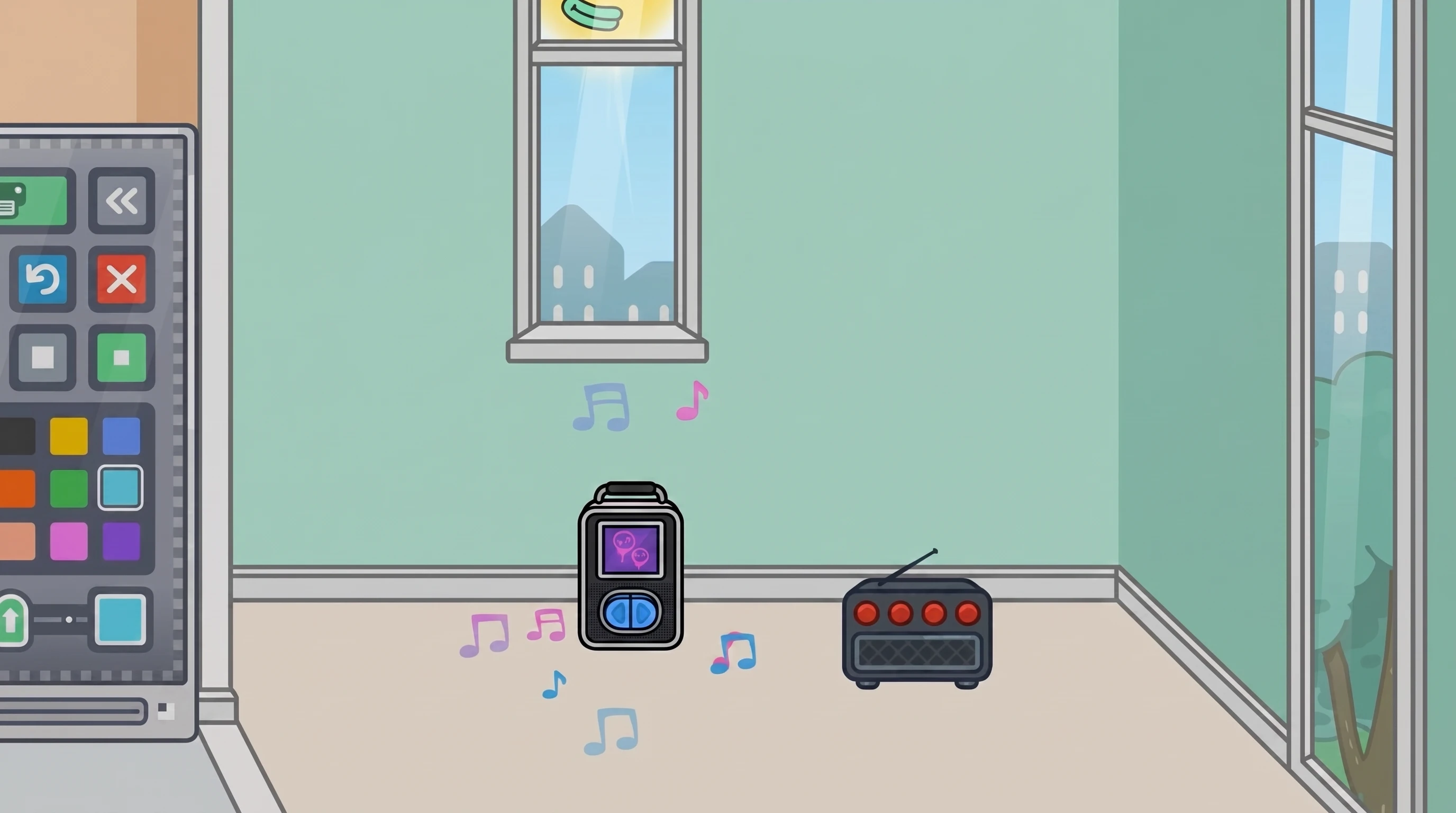 Toca Boca room with free music speaker on floor emitting colorful musical notes beside window and toy traffic light
