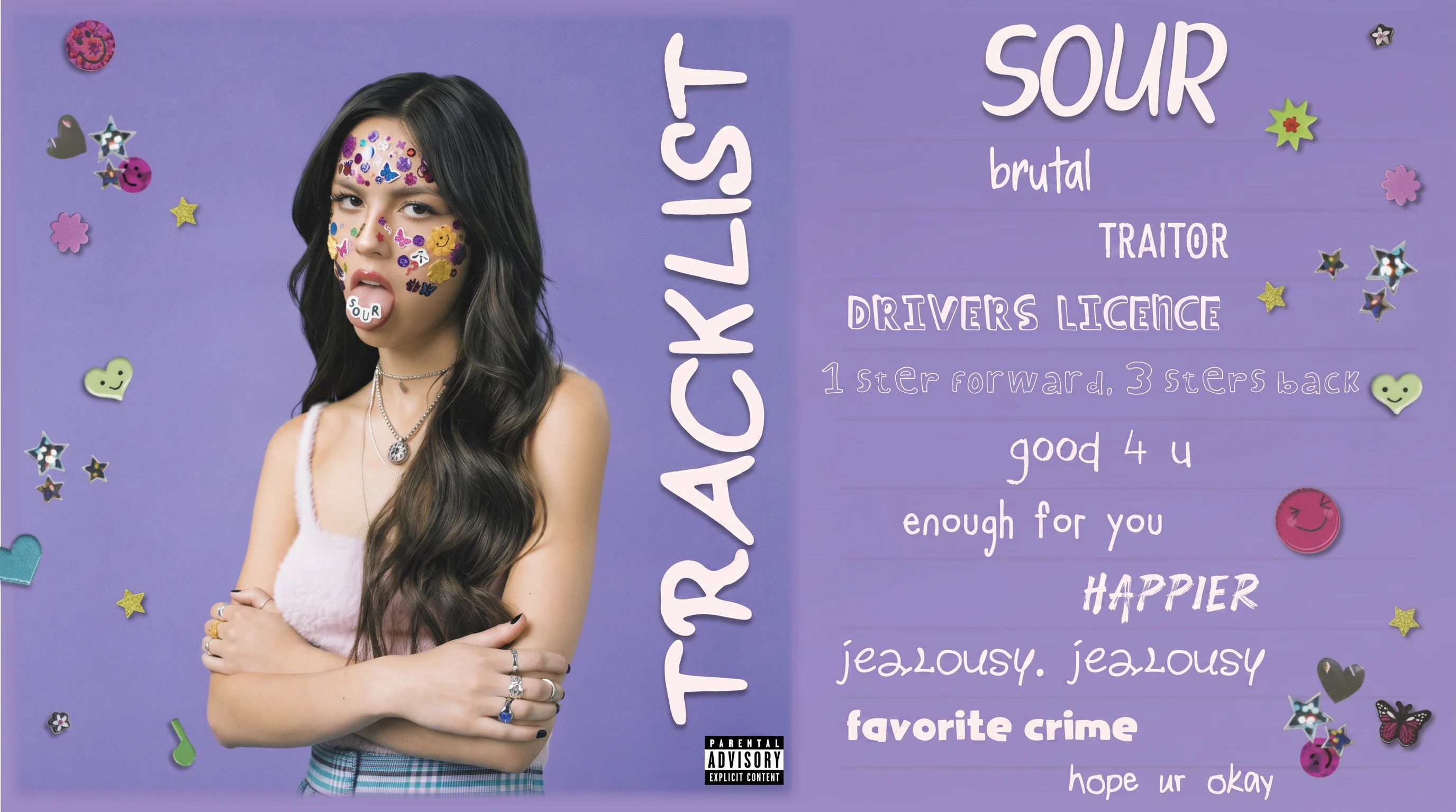 SOUR album tracklist poster with brutal traitor drivers license jealousy jealousy and other song titles on purple lavender background
