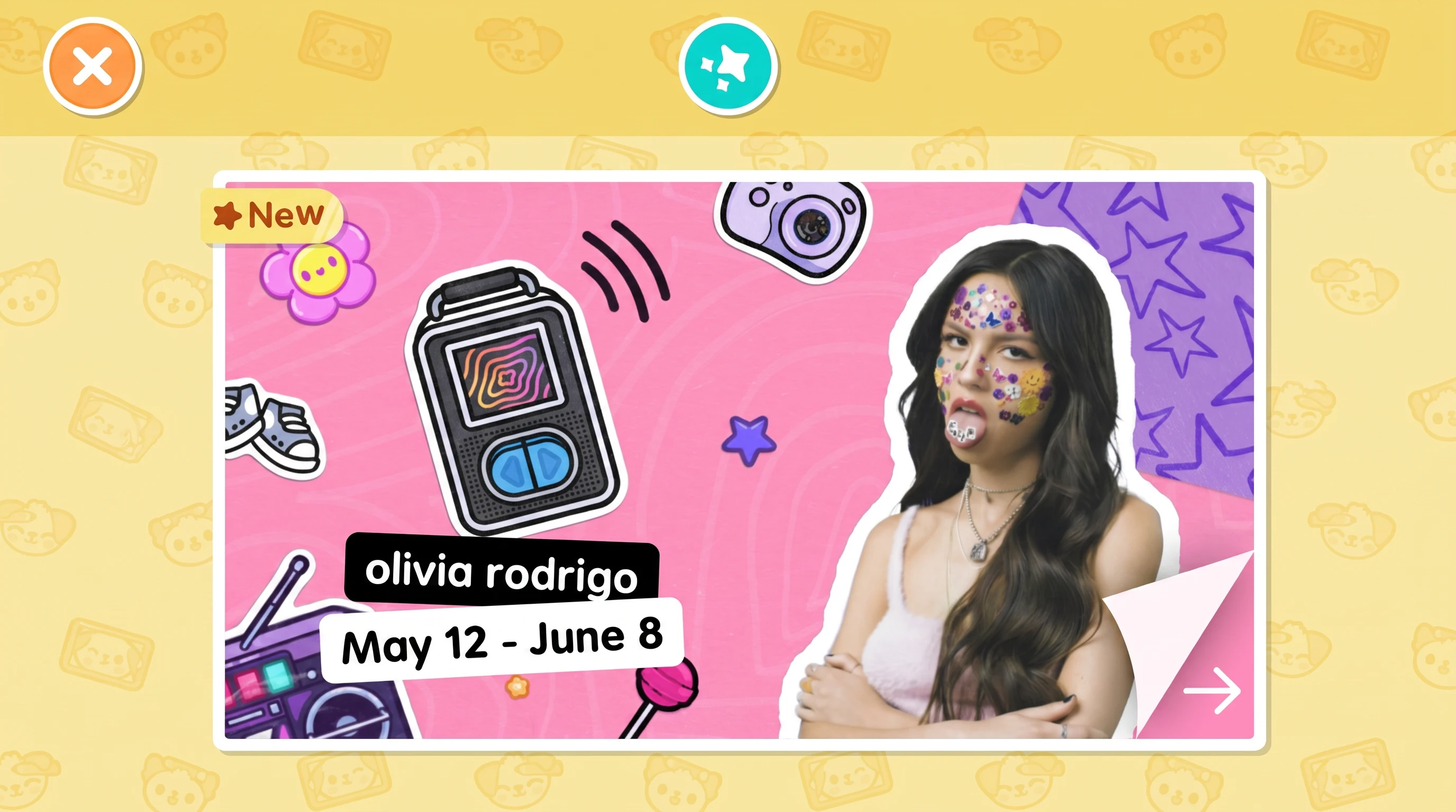 Olivia Rodrigo Toca Boca promo collage with laptop cassette sneakers microphone and May 12 to June 8 dates