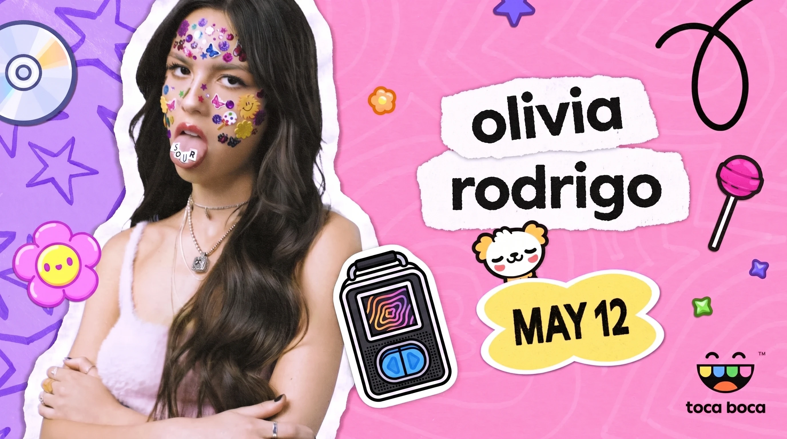 Olivia Rodrigo Toca Boca launch graphic with MAY 12 date block and Toca Boca logo on pastel pink sticker background
