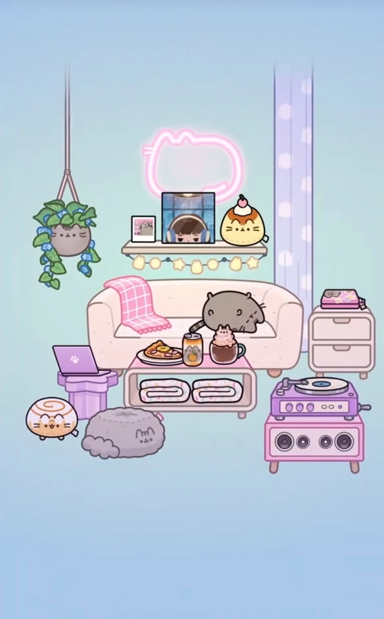 Pusheen Furniture Pack showcase scene 1 with gaming setup and cozy decor