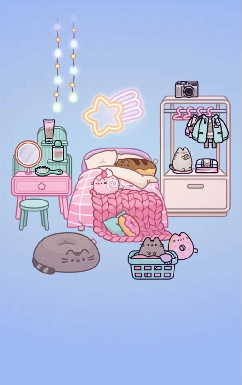 Pusheen Furniture Pack showcase scene 2 with sleepover setup and Pusheen bedding