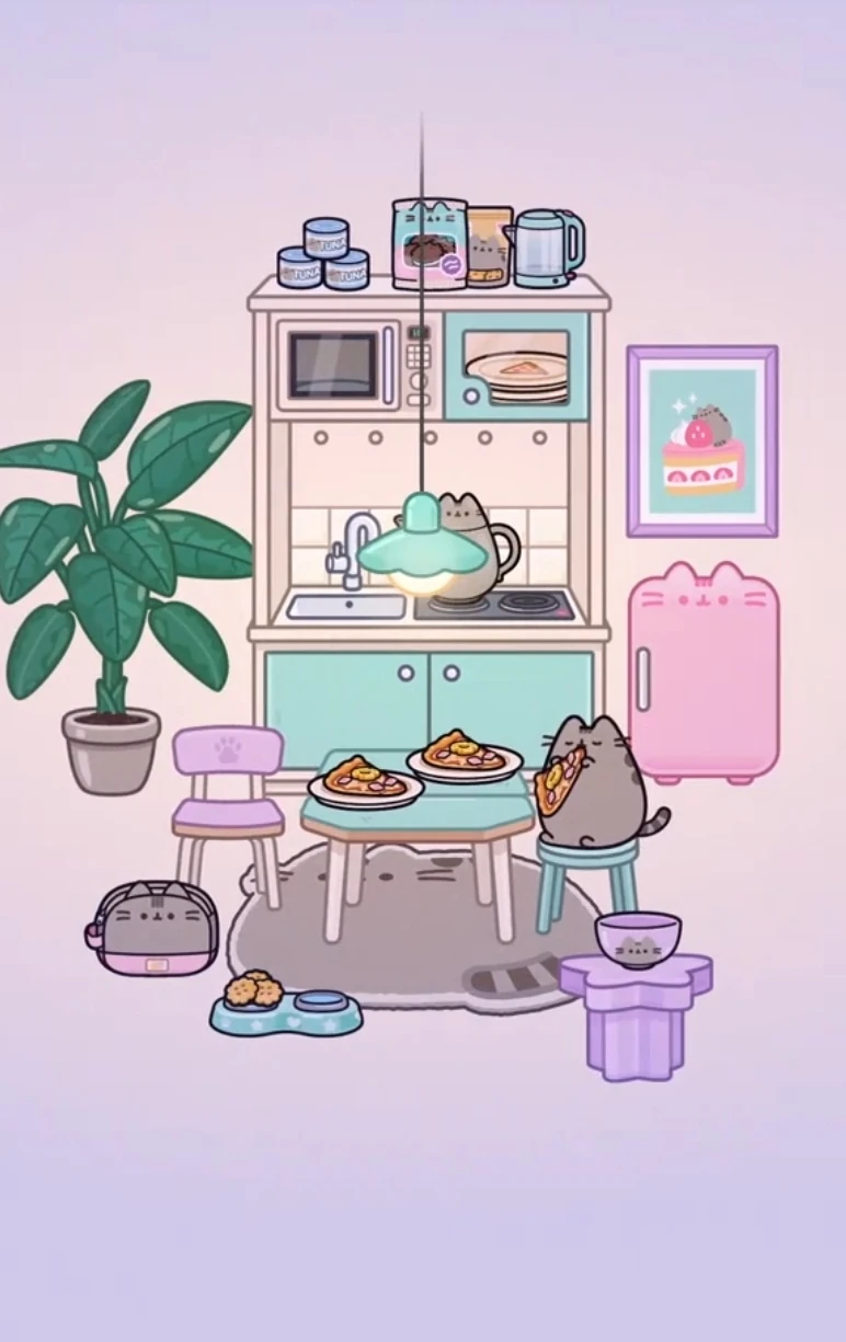 Pusheen Furniture Pack showcase scene 3 with snack station and kitchen decor