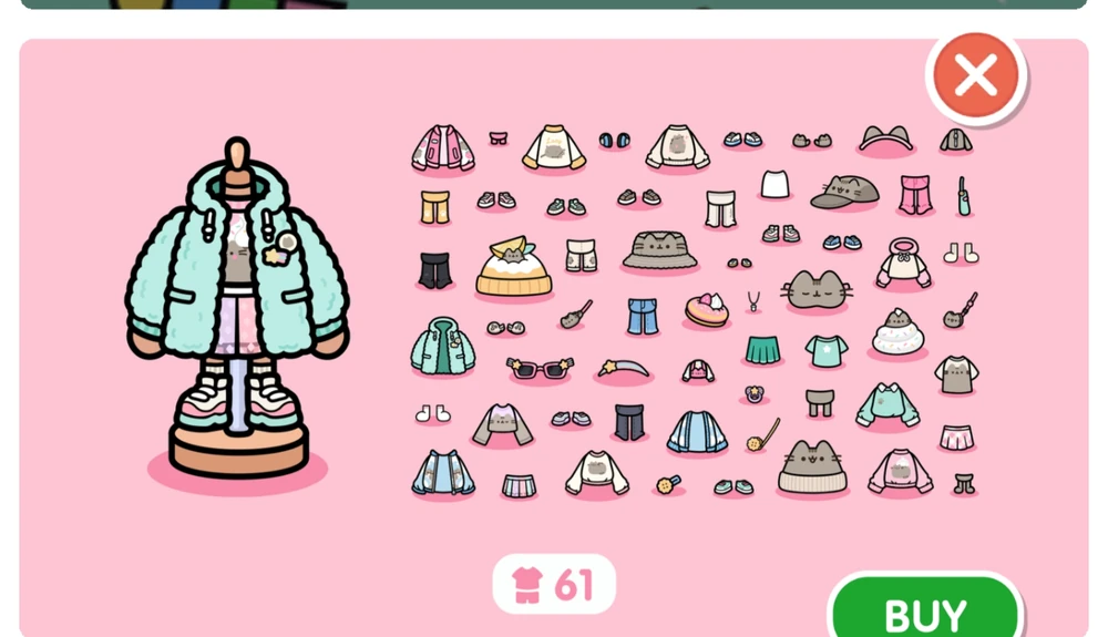 Pusheen Style Pack pieces view showing all 61 individual clothing items on a grid