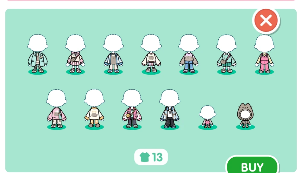 Pusheen Style Pack clothes view showing complete outfit mannequins