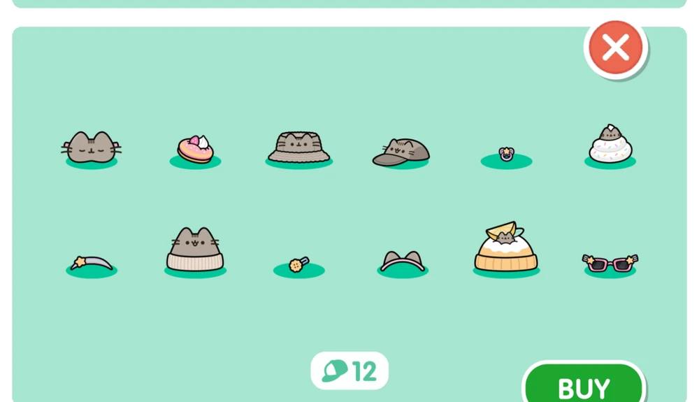 Pusheen Style Pack accessories view showing hats, beanies, clips, and sunglasses