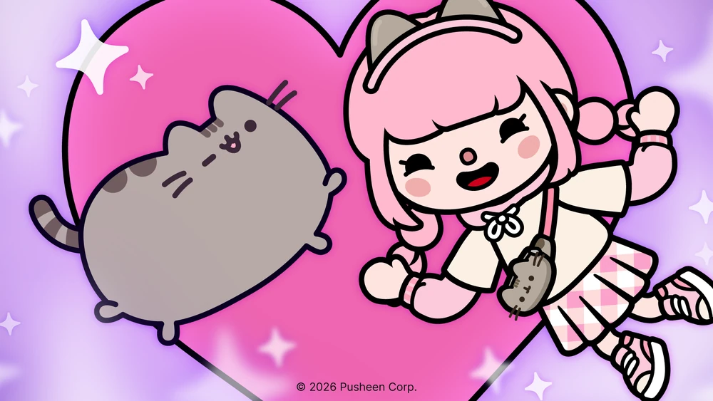 Pusheen x Toca Boca promotional image showing styled avatars in Pusheen outfits