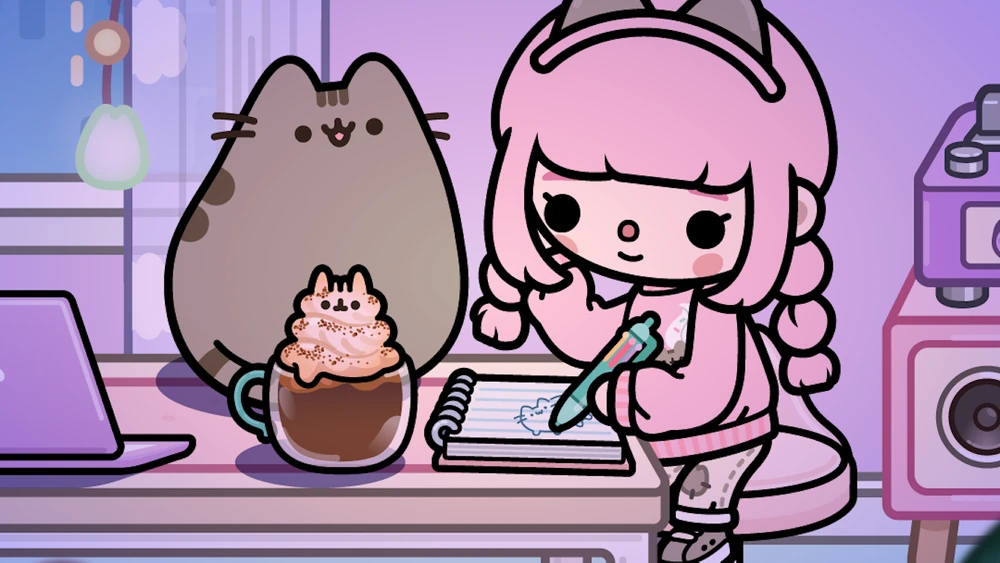 Pusheen x Toca Boca promotional image showing cozy room scene with furniture