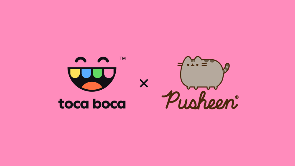 Toca Boca x Pusheen title card with cozy pastel characters and Pusheen the grey cat