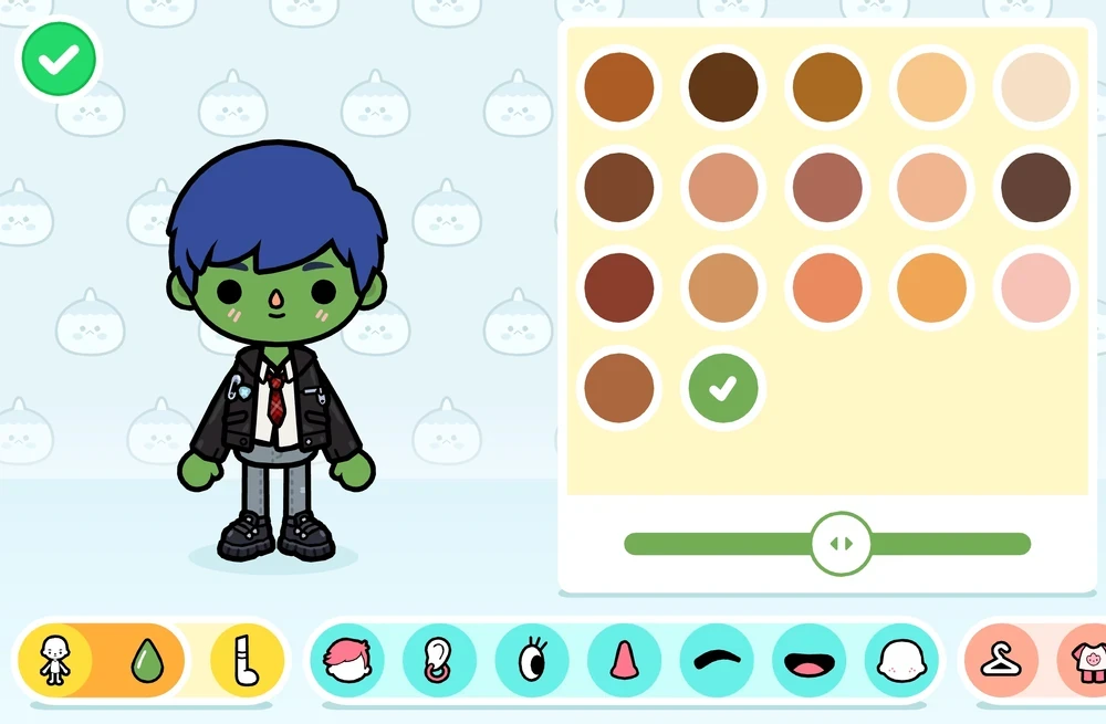 Character Creator showing green-grey skin tone on an avatar with color palette open