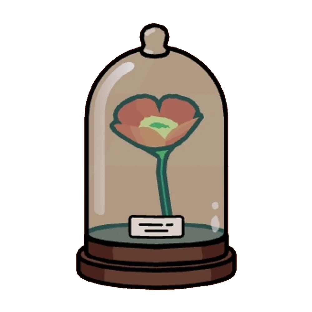 Red poppy flower preserved under a glass dome on wooden base