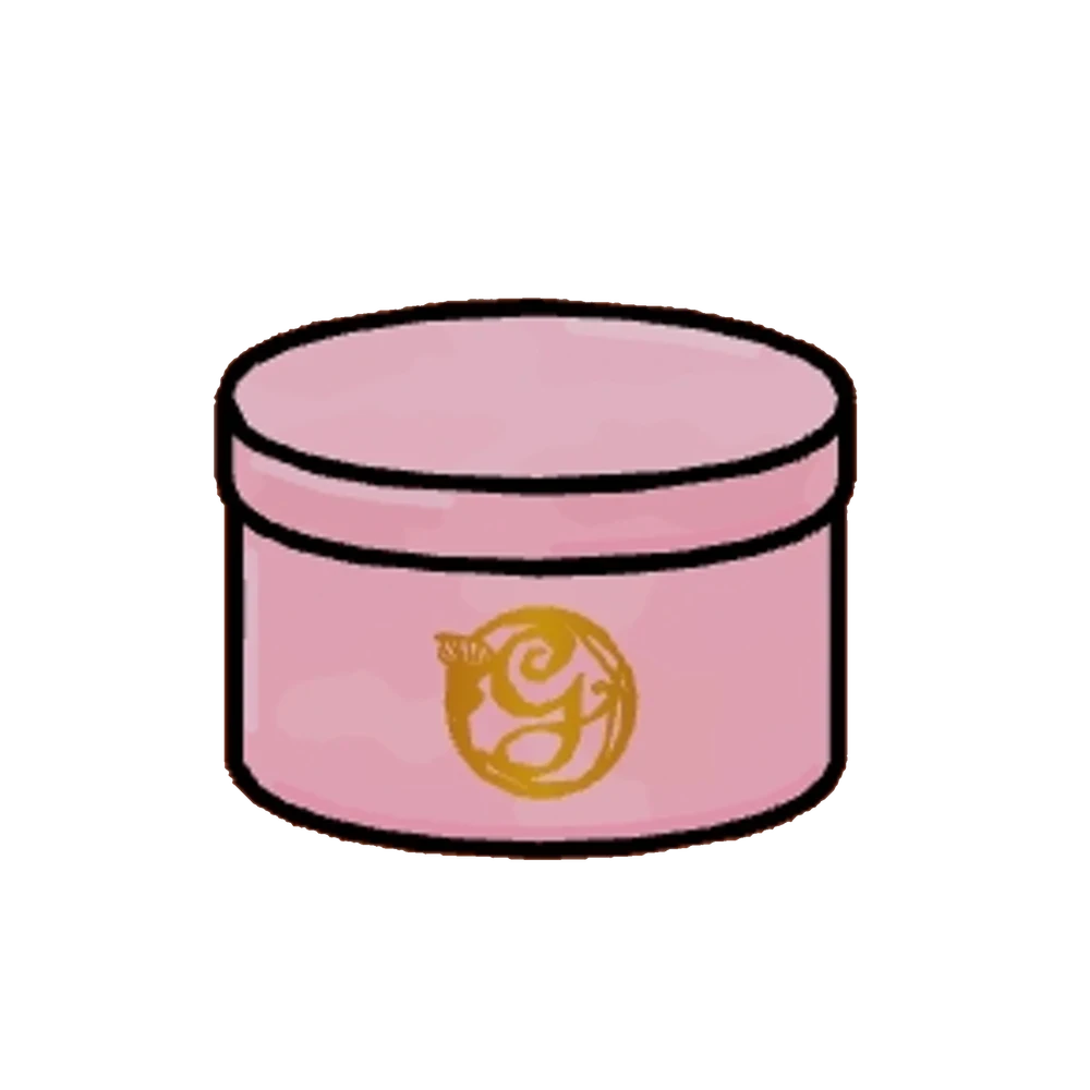 Closed pink Glinda hat tin with gold G emblem